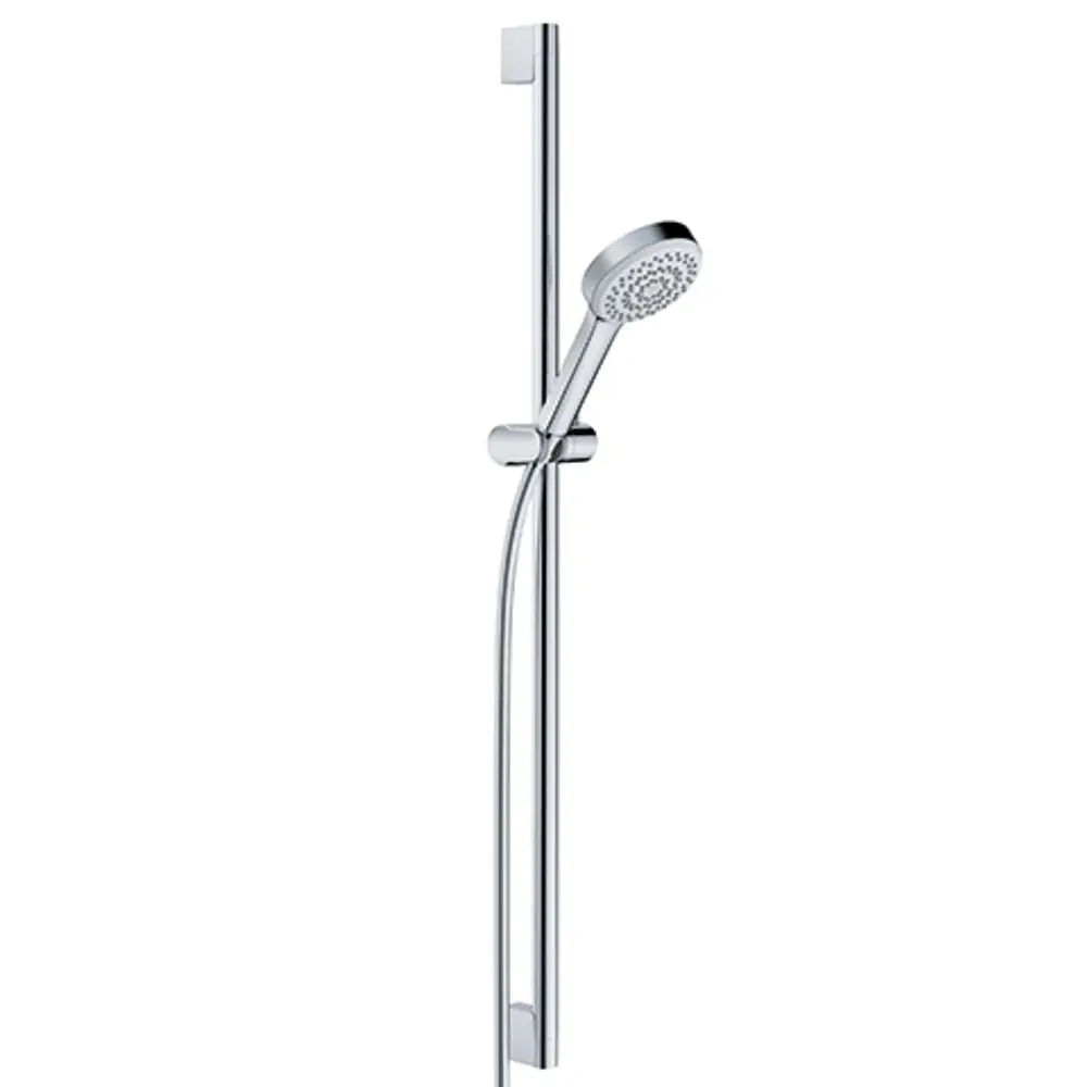 Brauseset von Kludi mit verstellbarer Handbrause, montiert an einer geraden Stange, in verchromter Ausführung, geeignet für die Installation in Duschbereichen.
